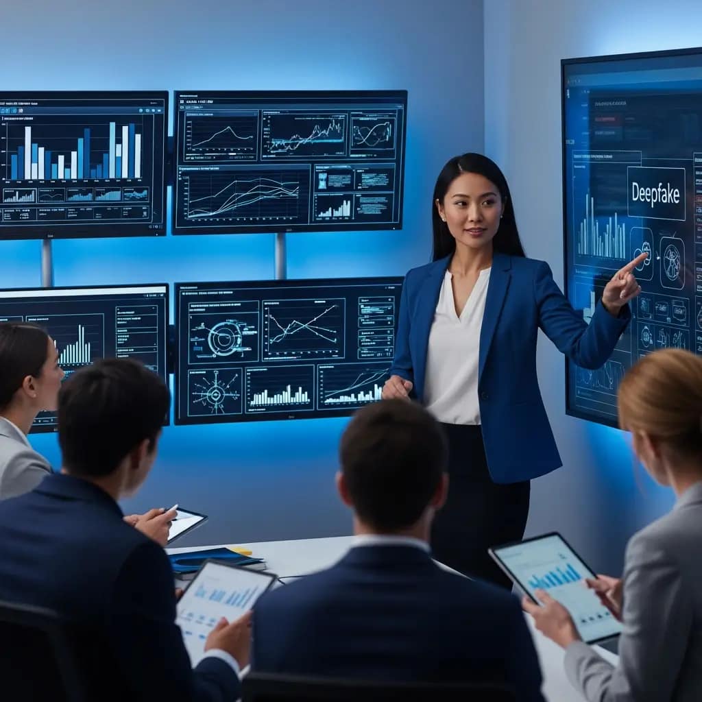 Experta asiática en ciberseguridad señala cómo prevenir deepfakes en pantalla táctil de sala SOC, con monitores y equipo diverso.