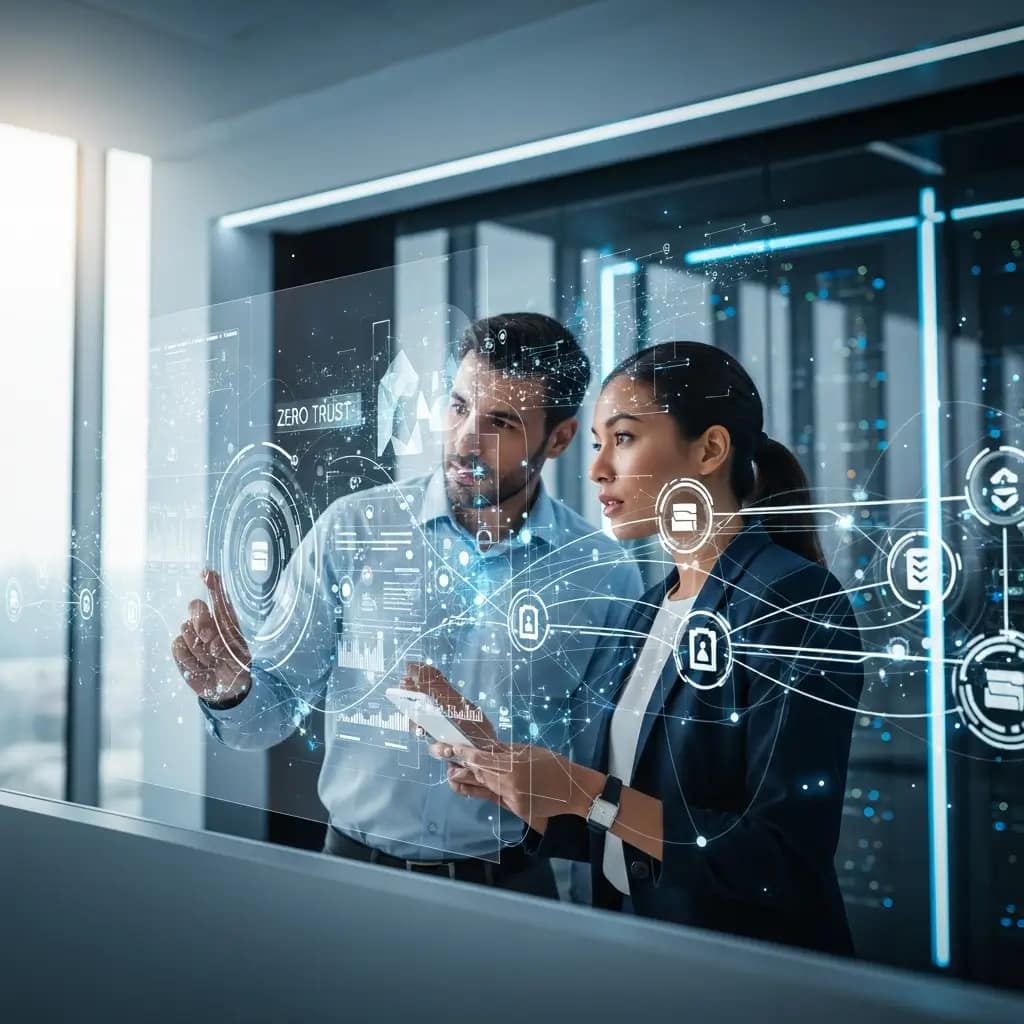 Dos profesionales revisan datos de ciberseguridad en una pantalla transparente, simbolizando la arquitectura Zero Trust en un centro de datos moderno.