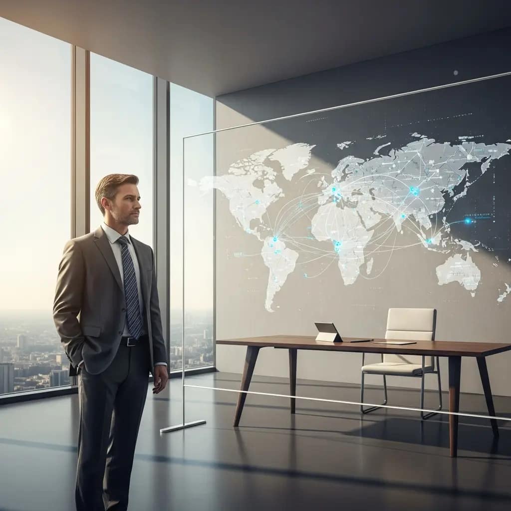 Ejecutivo analiza un mapa de red global en una pantalla transparente desde una oficina para evaluar la seguridad digital.