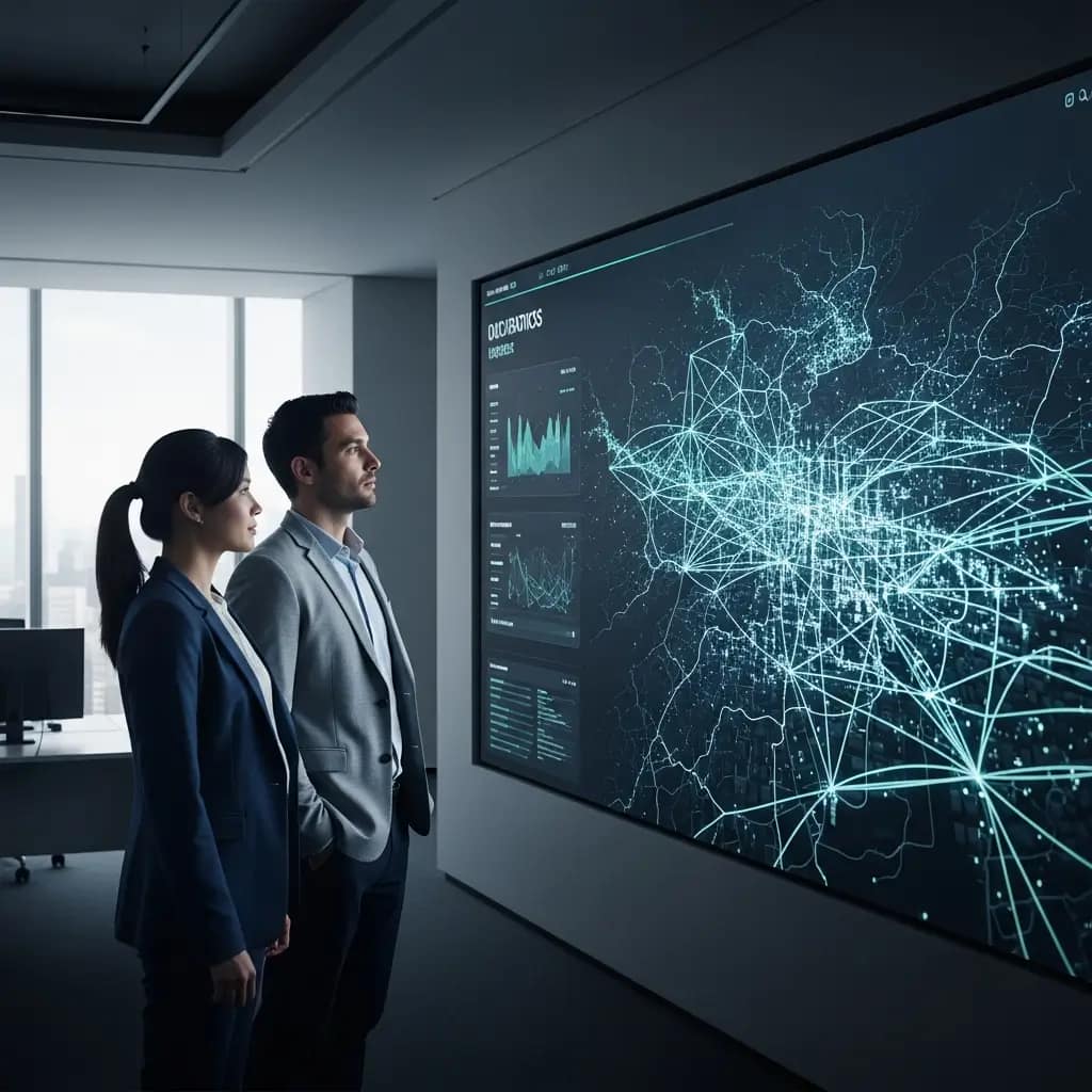 Expertos analizan una red logística 3D en una pantalla digital dentro de un centro de operaciones moderno.