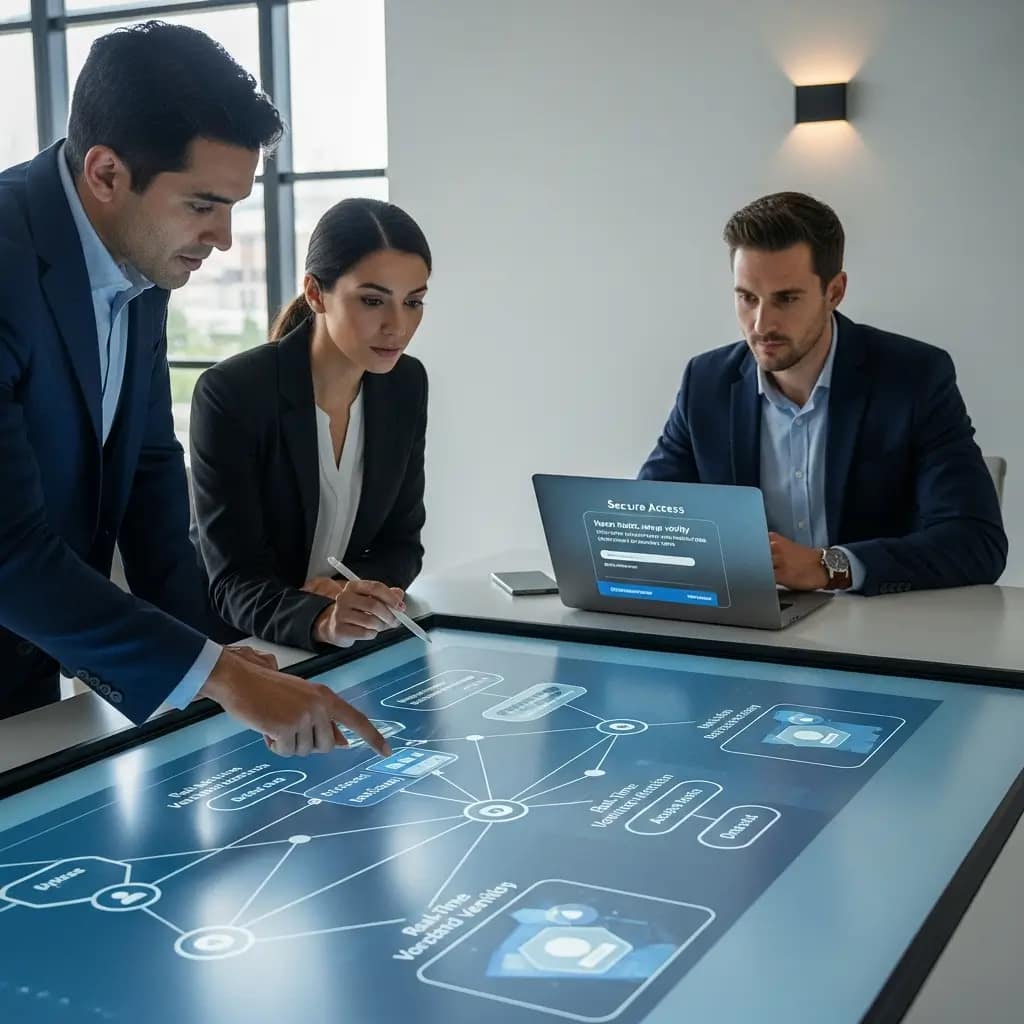 Equipo directivo colabora en mesa digital interactiva con verificación de identidad, aplicando el principio Zero Trust.