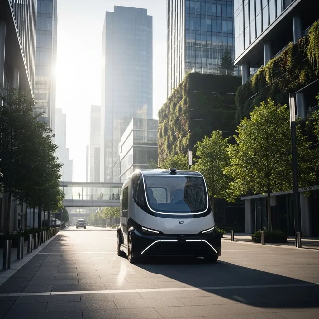 Vehículo de reparto autónomo circulando por un distrito moderno con edificios contemporáneos y zonas verdes bajo luz suave.