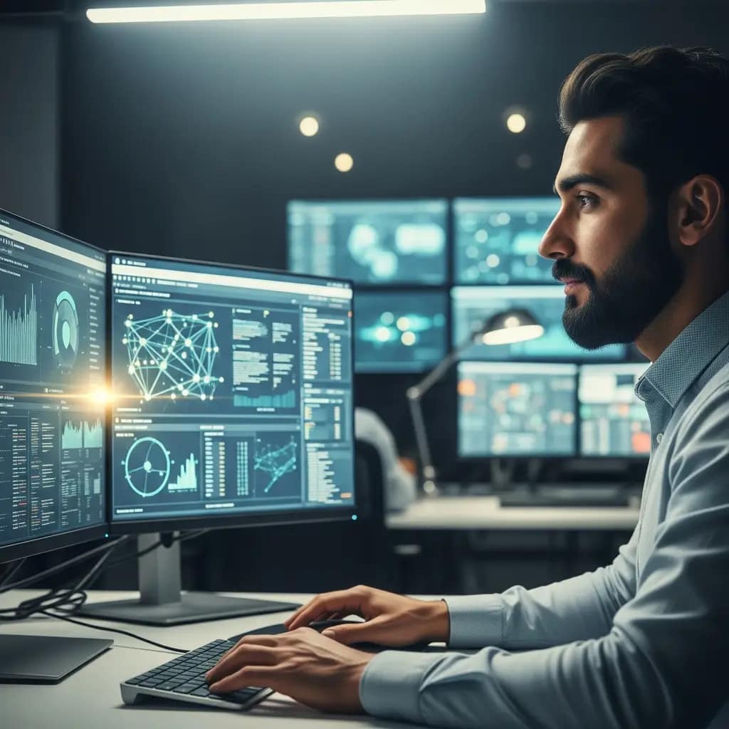 Analista de seguridad en un SOC moderno, supervisando pantallas con datos de tráfico y alertas para proteger información en la nube.