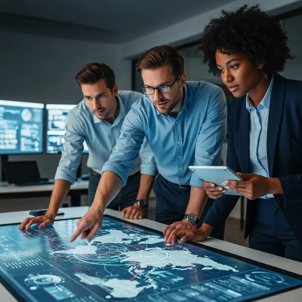 Equipo de ciberseguridad diverso en sala de operaciones, analizando mapa de amenazas en mesa interactiva para gestionar una crisis.