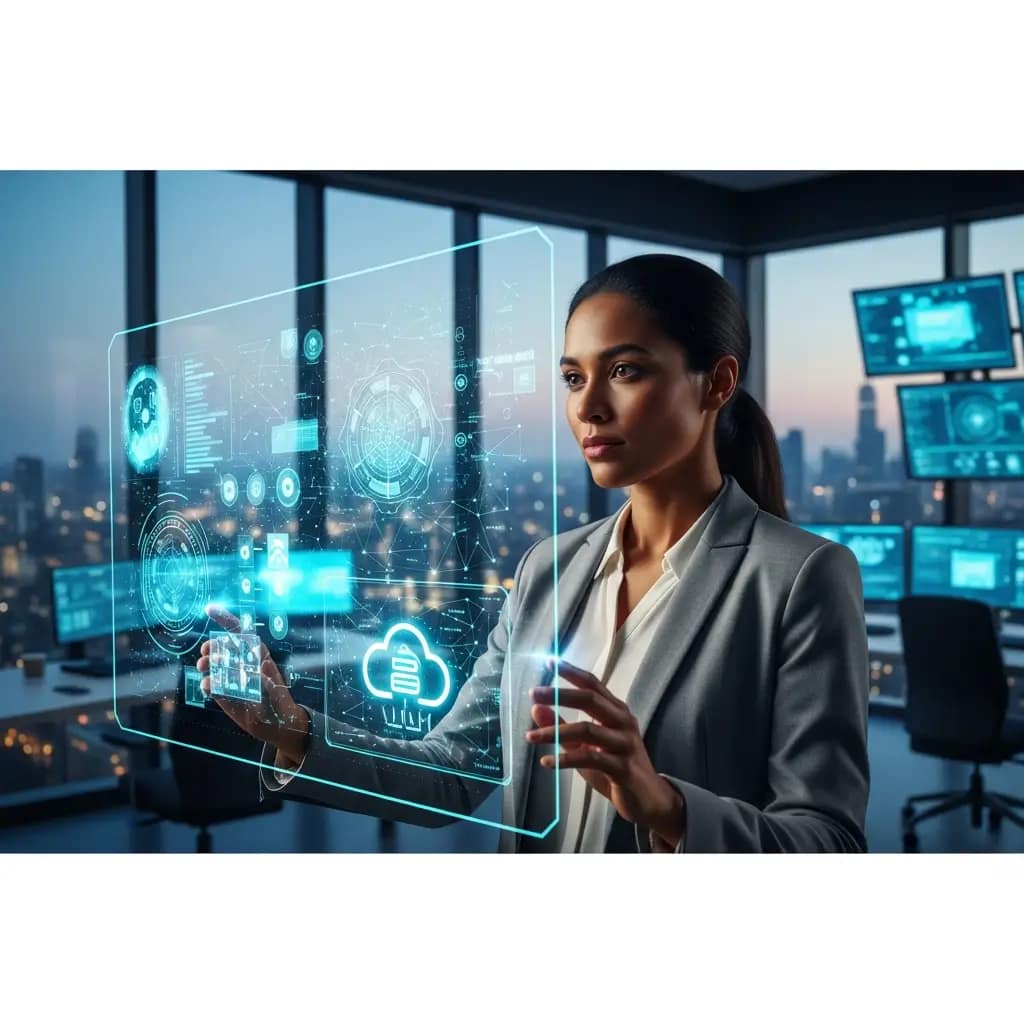 Experta en ciberseguridad supervisa datos complejos en pantalla holográfica, asegurando la integridad en la nube.