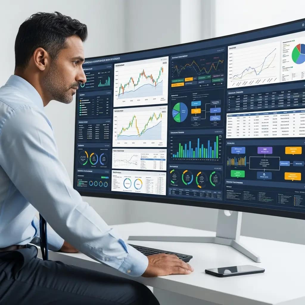 Analista financiero concentrado revisa un panel digital con datos financieros en un centro de operaciones moderno. Refleja eficiencia operativa.