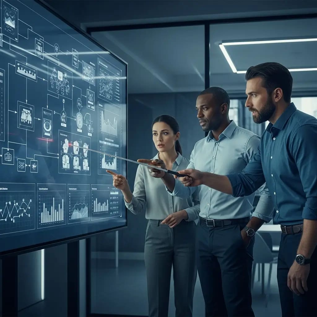 Tres expertos en ciberseguridad analizan diagramas de IA y amenazas en una pantalla táctil futurista, debatiendo estrategias.