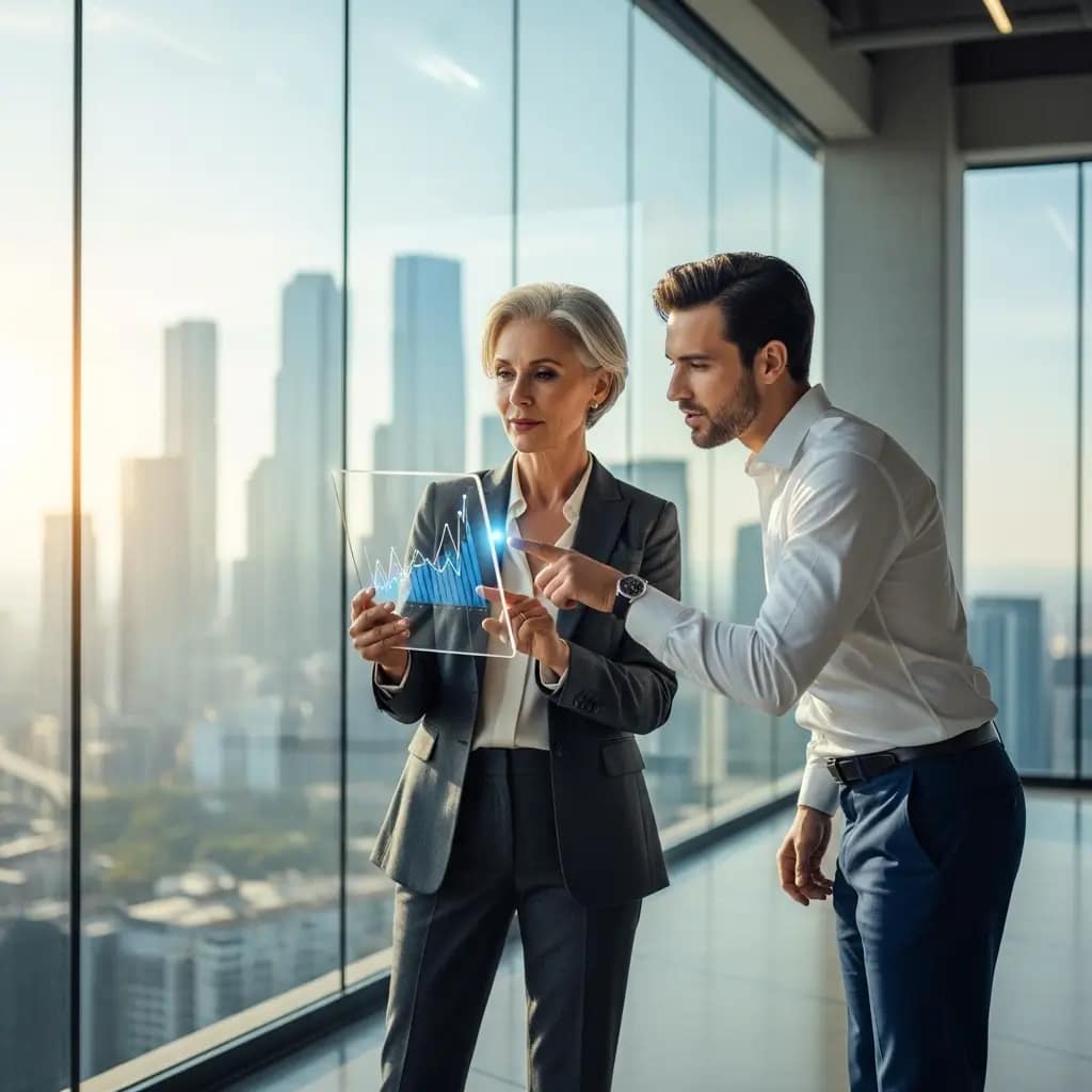 Ejecutiva y colega analizan un gráfico de tendencia ascendente en una tableta transparente dentro de una oficina moderna.