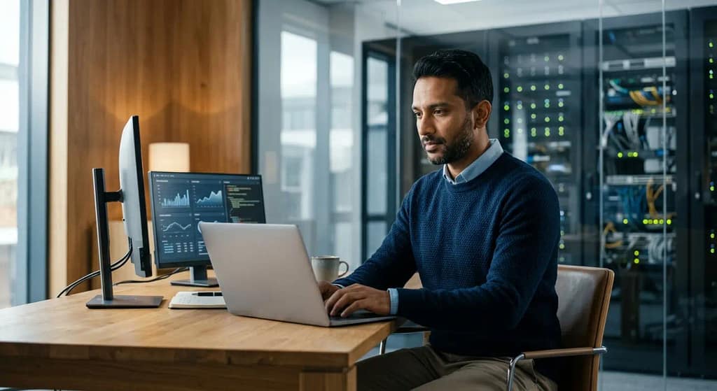 Estratega de datos analizando modelos predictivos en un portátil frente a una sala de servidores difuminada.
