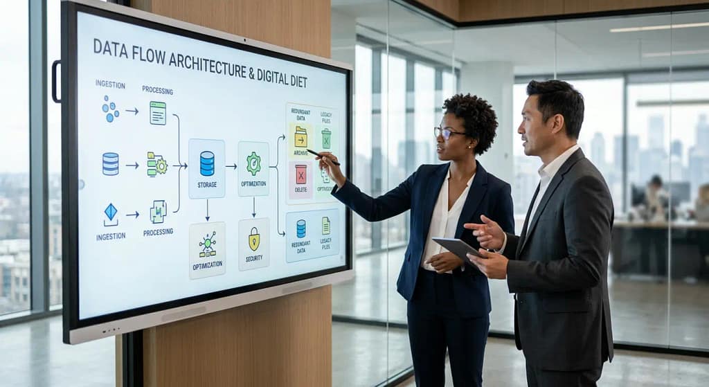 Dos expertos gestionan la limpieza de datos estratégica en una pantalla interactiva de oficina moderna.