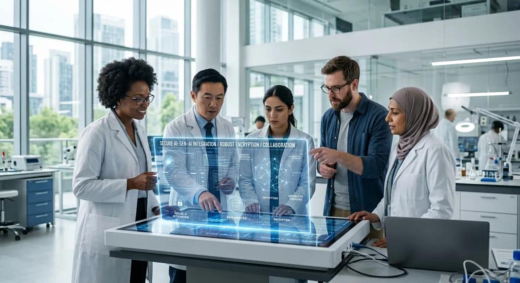 Profesionales en un laboratorio tecnológico analizan una interfaz digital de inteligencia artificial corporativa segura.
