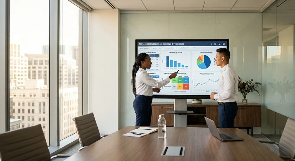 Dos especialistas analizan modelos predictivos de ventas con IA en una pantalla digital dentro de una oficina.