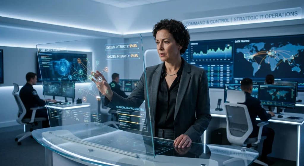 Estratega de sistemas analiza datos en un panel de cristal dentro de un centro de mando tecnológico y moderno.