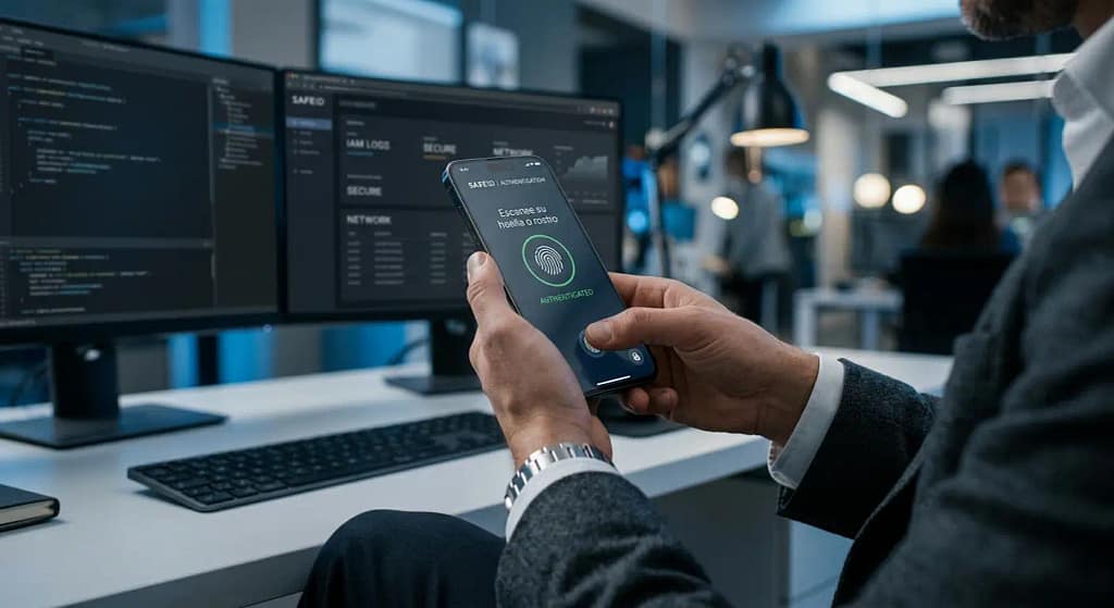 Manos de un profesional usando reconocimiento biométrico en un smartphone para el acceso seguro remoto en teletrabajo.