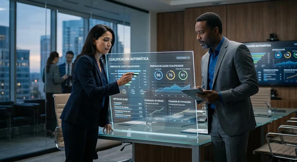 Dos profesionales analizan métricas de leads cualificados en una pantalla de cristal dentro de una oficina moderna.