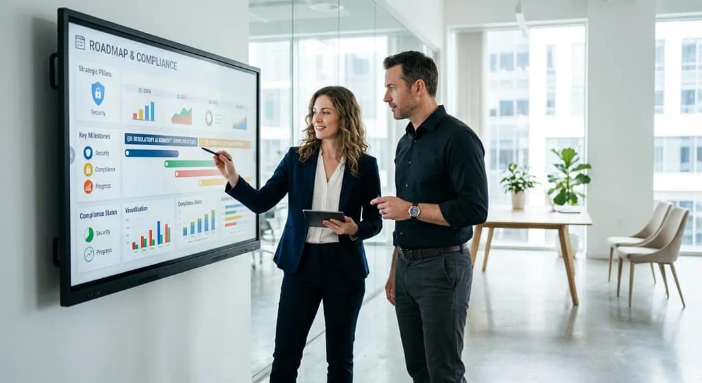 Dos profesionales analizan un roadmap de ciberseguridad en una pantalla táctil dentro de una oficina moderna y luminosa.