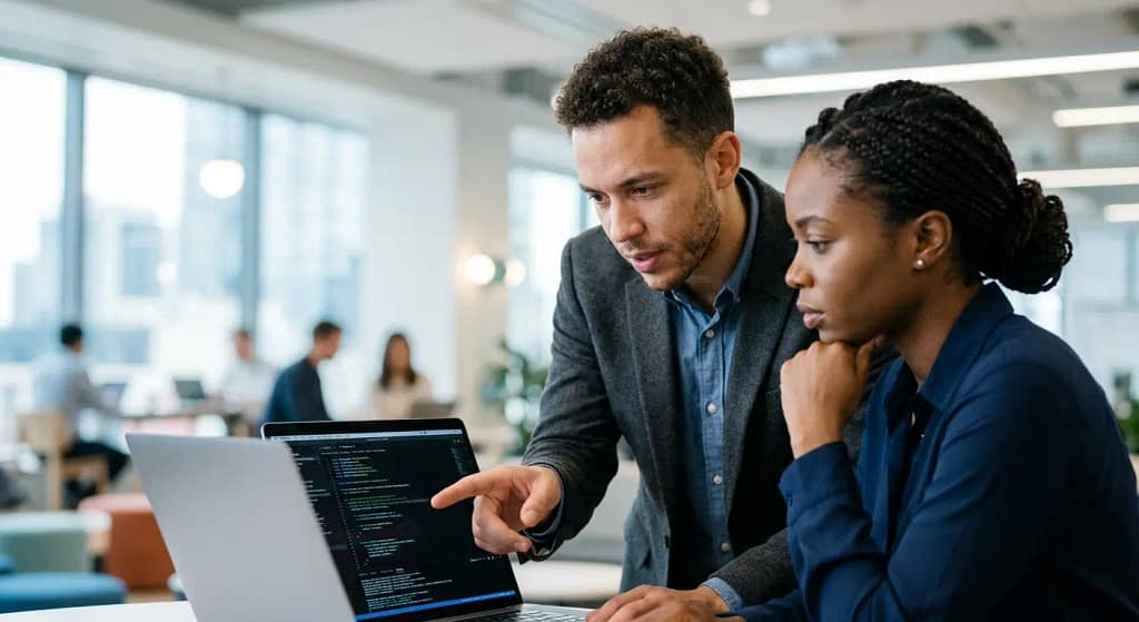 Dos especialistas analizan con atención datos en un portátil dentro de una oficina tecnológica moderna.