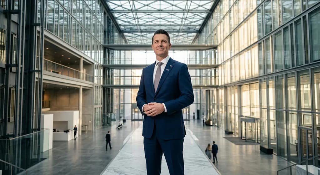 Profesional con traje azul en un atrio de cristal, simbolizando el liderazgo del DPO en la gobernanza ética de la IA.