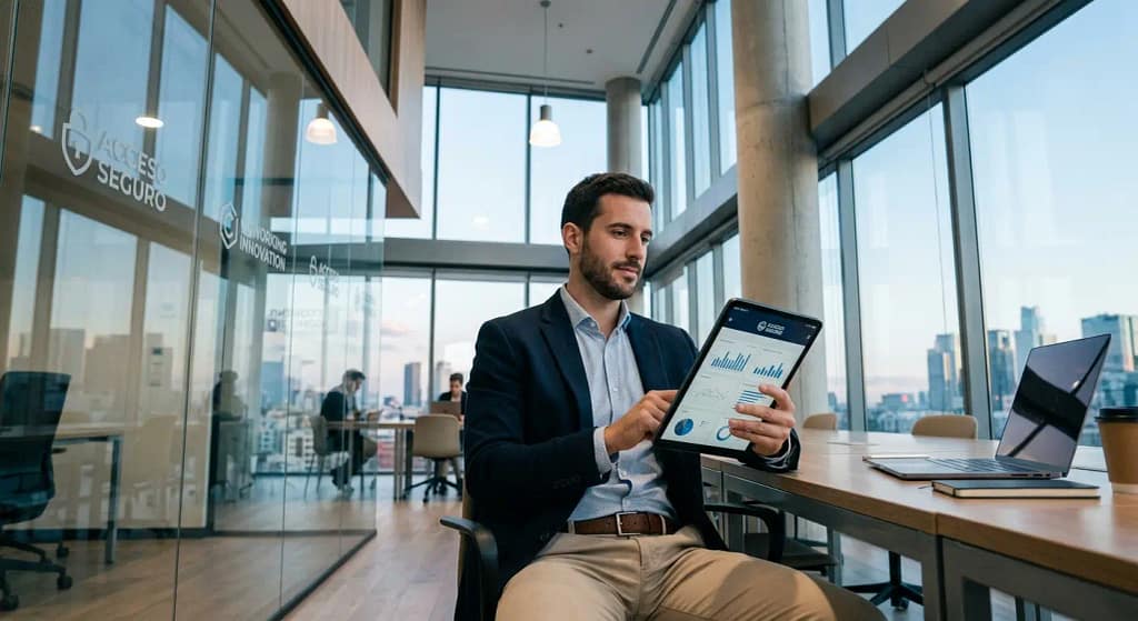 Líder empresarial en oficina moderna revisando datos en tableta para la gestión de identidades.
