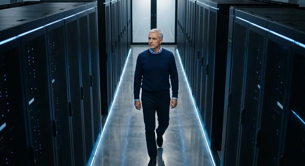 Consultor camina por un pasillo de servidores negros con luces azules en un centro de datos moderno y ordenado.