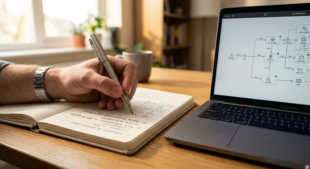 Persona planificando la automatización de procesos en un cuaderno de notas junto a su ordenador portátil.