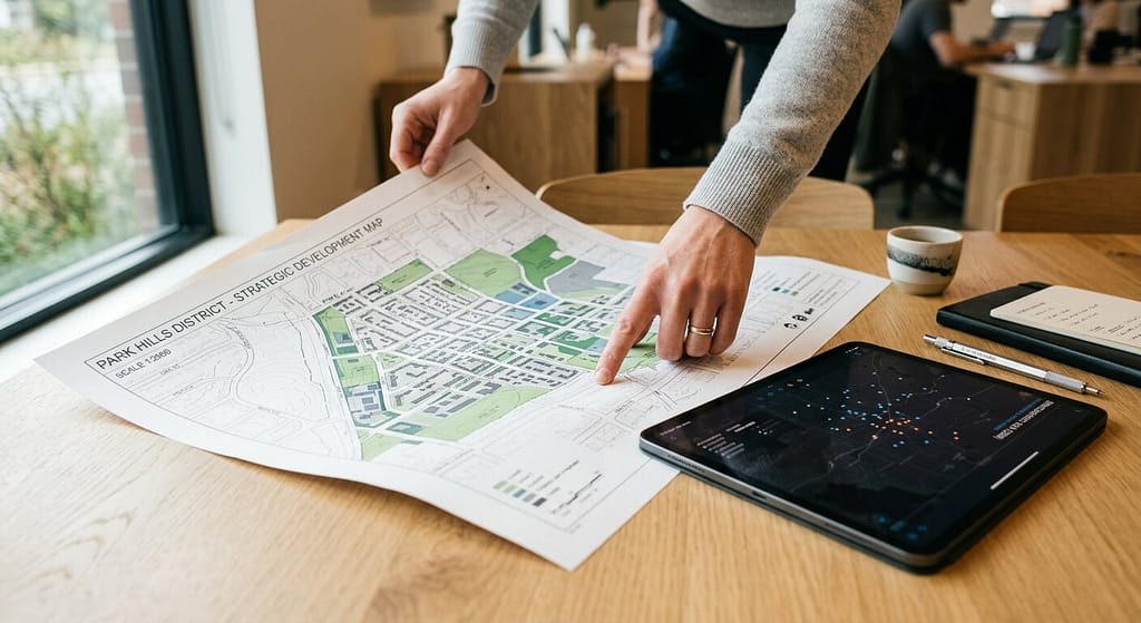 Manos de un estratega organizando un mapa de la ciudad sobre una mesa de madera junto a una tableta digital.