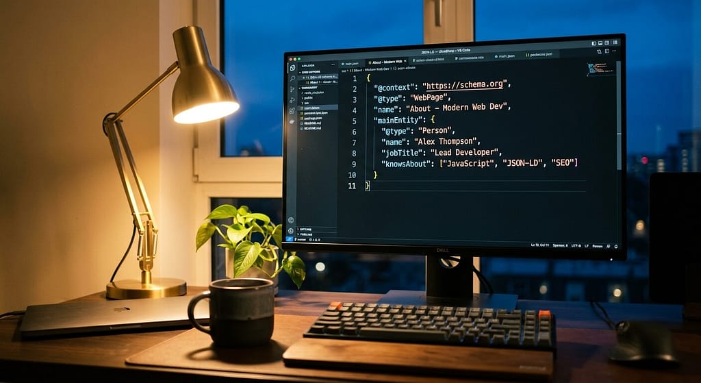Pantalla de ordenador mostrando código estructurado de posicionamiento geo en un escritorio acogedor.