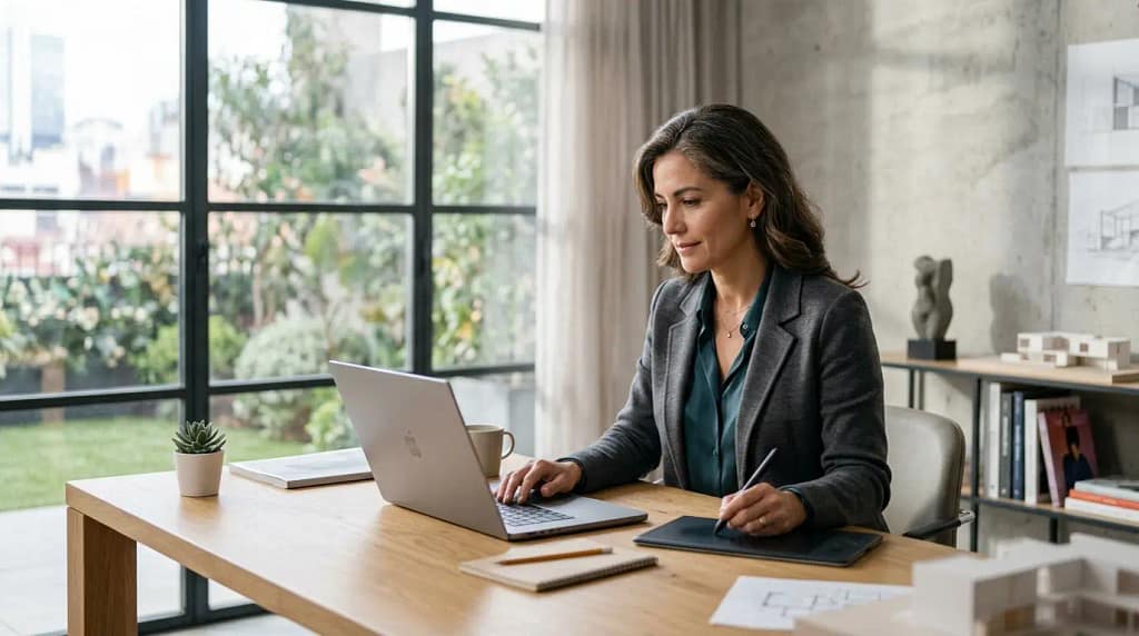 Profesional en estudio minimalista usa portátil bajo luz natural, evocando seguridad y gestión de accesos remotos.