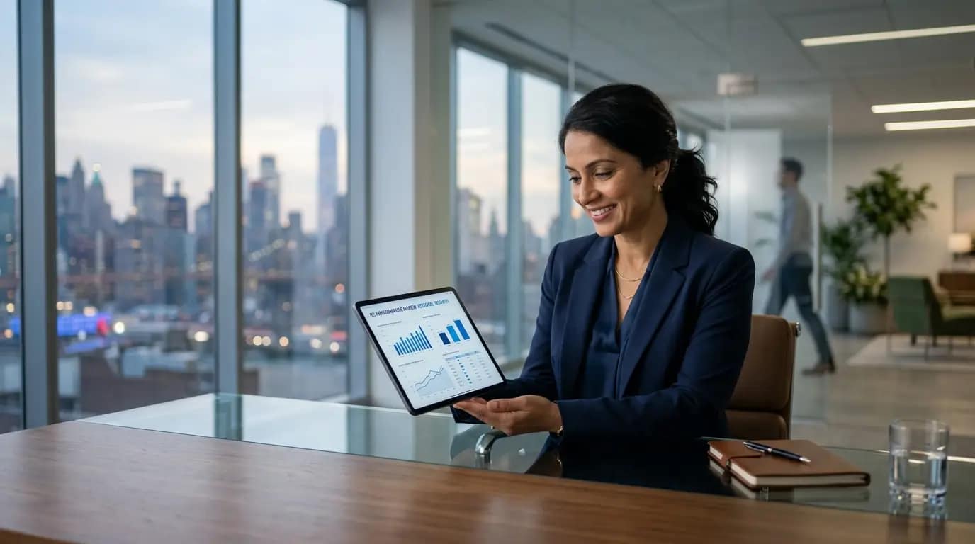 Ejecutiva de etnia diversa analiza datos en su tablet con serenidad dentro de una oficina moderna y luminosa.