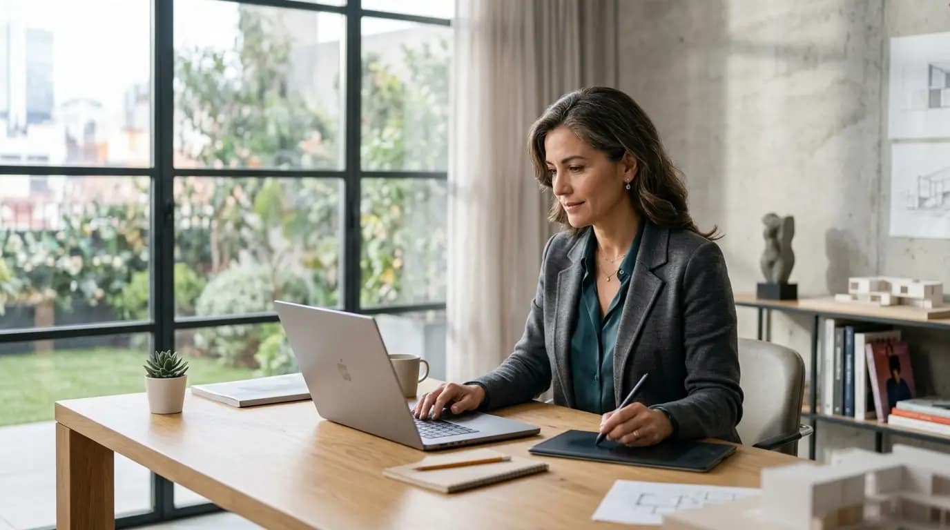 Profesional en estudio minimalista usa portátil bajo luz natural, evocando seguridad y gestión de accesos remotos.