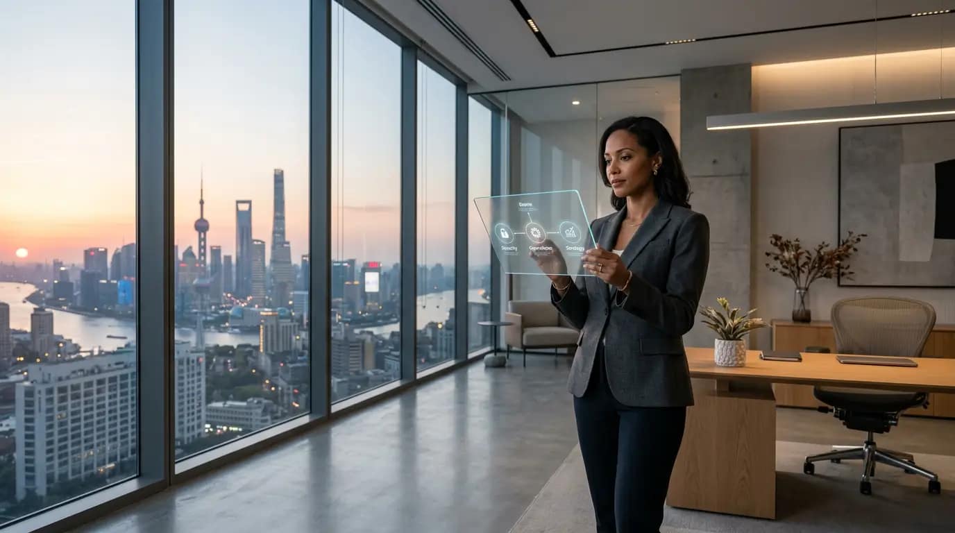 Profesional analiza visualización de datos en tableta transparente en una oficina moderna y organizada.