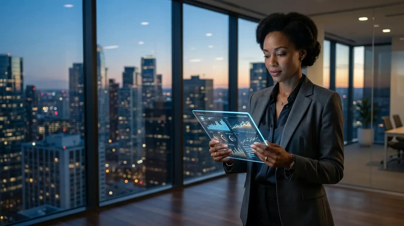 Ejecutiva con blazer gris usa una tableta de cristal con gráficos de datos brillantes frente a un ventanal al atardecer.