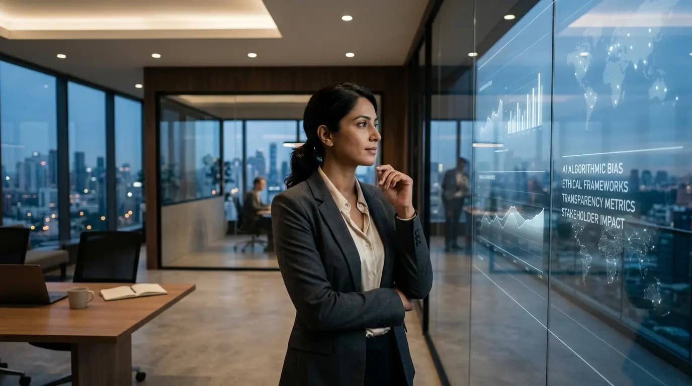 Mujer profesional observa una pantalla digital transparente con visualización de datos en una oficina moderna al atardecer.