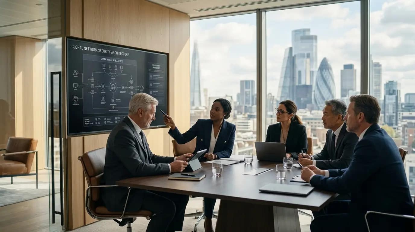 Ejecutivos en una sala de juntas revisando la arquitectura de seguridad digital en una pantalla moderna.