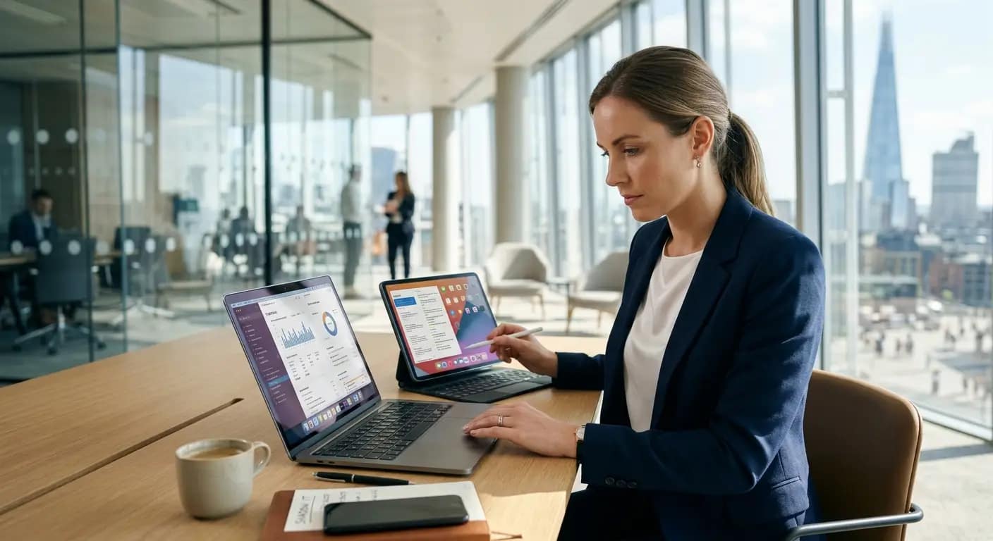 Profesional concentrada utiliza un portátil y una tableta en una oficina de cristal iluminada por el sol.