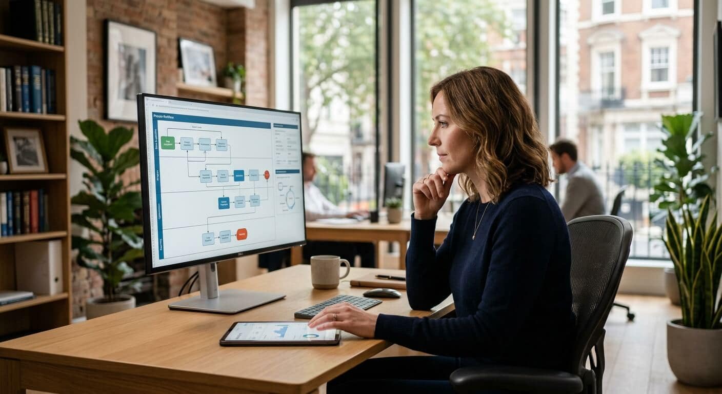 Estratega en su oficina analiza diagramas de automatización de procesos de negocio en la pantalla.